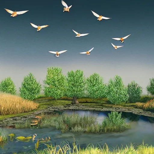 Image similar to swallows flying above a beautiful pond. Artwork, artstation, highly detailed