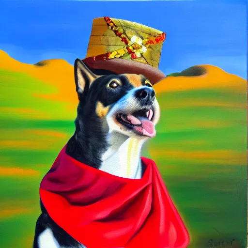 Image similar to Oil painting of a doge wearing a sombrero and a red neckerchief in the desert