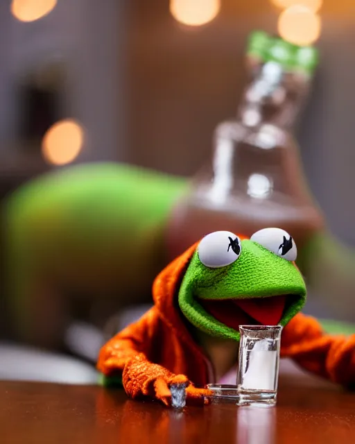 Image similar to A studio portrait of Kermit the Frog drinking vodka from a bottle, highly detailed, bokeh, 90mm, f/1.4