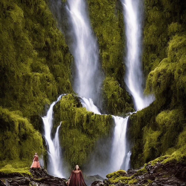 Image similar to dark and moody 1 9 8 0's artistic color spaghetti western film, a giant tall huge woman in an extremely long dress made out of waterfalls, standing inside a green mossy irish rocky scenic landscape, huge waterfall, volumetric lighting, backlit, atmospheric, fog, extremely windy, soft focus, by ansel adams and wes anderson