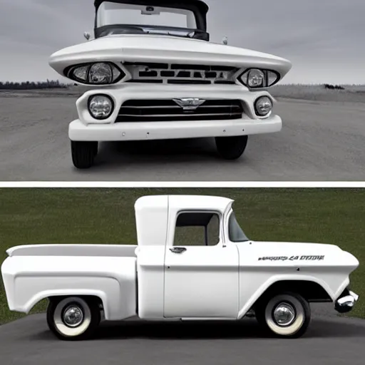 Image similar to 1960 White Ford Pickup + 2015 Chevy Tahoe hybrid SUV, Retro Aesthetic with Modern Features, Advanced Automobile, Premium SUV that is also an old Truck, 4K, Photo