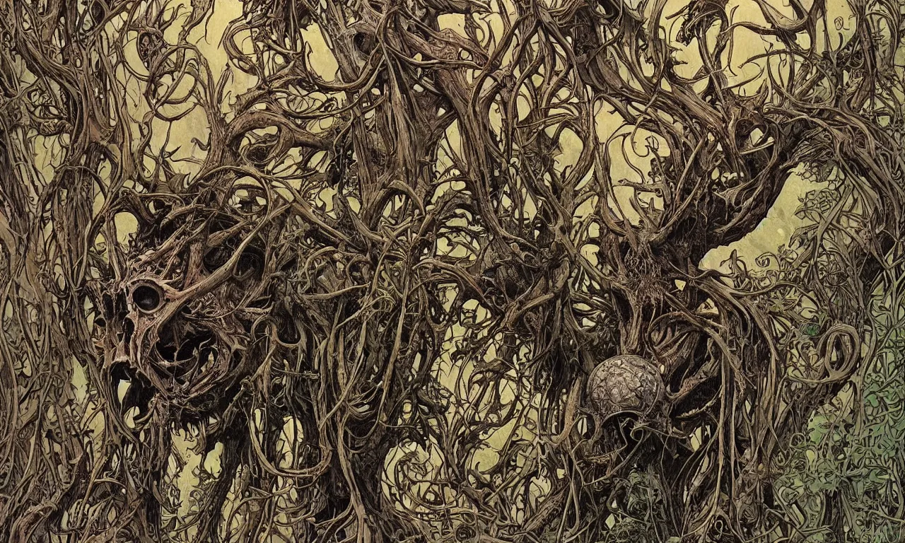 Image similar to hyperdetailed art nouveau portrait of treebeard as a cthulhu eyeball moose skull wendigo cryptid monster, by geof darrow, simon bisley and bill sienkiewicz, grim yet sparkling atmosphere, photorealism, claws, skeleton, antlers, fangs, forest, wild, bizarre, scary, lynn varley, lovern kindzierski, steve oliff