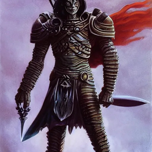 Image similar to ( ( ( half length portrait of armored githyanki warrior holding his silver sword, in the astral plane ) ) ), d & d, fantasy, medieval, greg rutkowski, frank frazetta, alexandre chaudret, boris vallejo, michael whelan, miro petrov, hr giger, magali villeneuve, donato giancola