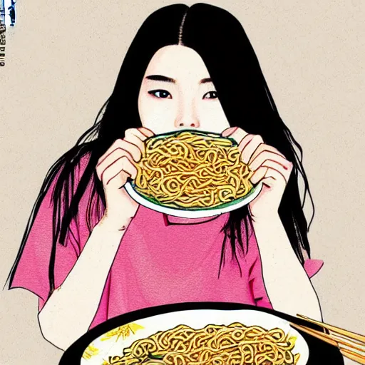 Image similar to beautiful japanese female model eating ramen soup portrait in the style of art anya taylor - joy