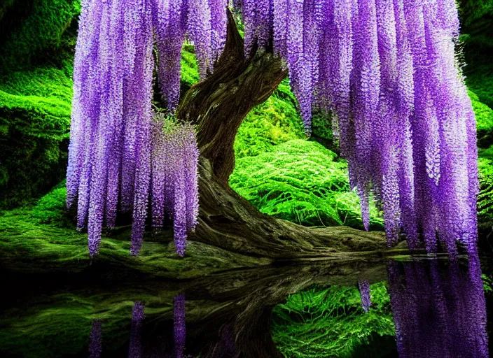 Image similar to long shot of a tiny wisteria tree on an island in a river in an underground cave. fantasy magic style. highly detailed 8 k. intricate. lifelike. epic. movie poster. soft light. sony a 7 r iv 5 5 mm. cinematic post - processing