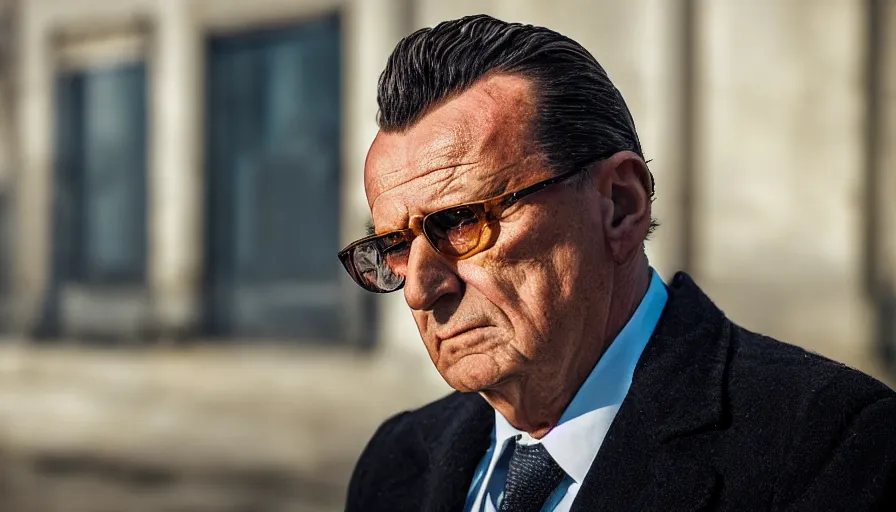 Prompt: hyper-realistic and detailed 2010s movie still portrait of Josip Broz Tito profile, by Paolo Sorrentino, Leica SL2 30mm, beautiful color, high quality, high textured, cinematic, wide