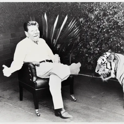 Image similar to [ ronald reagan sitting in chair... tiger lying at his feet ]