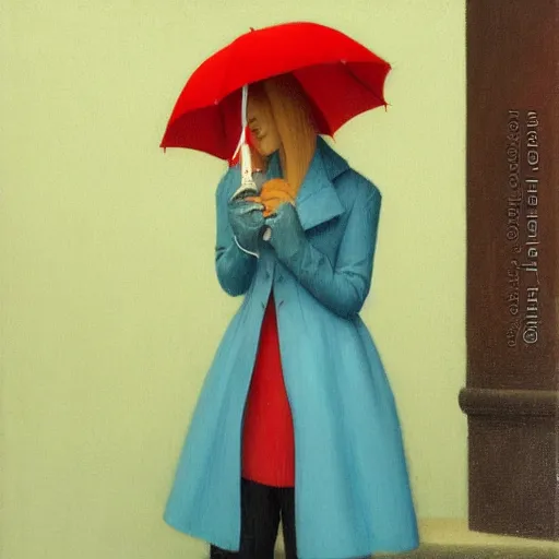 Prompt: woman with red coat and cyan umbrella, gerald brom