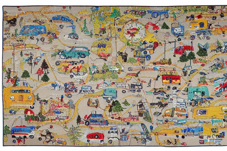 Image similar to an elaborate kids road map carpet rug, detailed, made of penned illustrations, by wes anderson and geoff darrow!!!!!