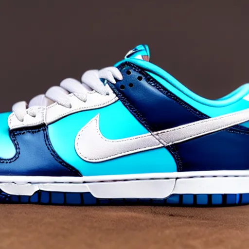 Image similar to a press photograph of nike dunk low baby blue and white, size 1 0, white background