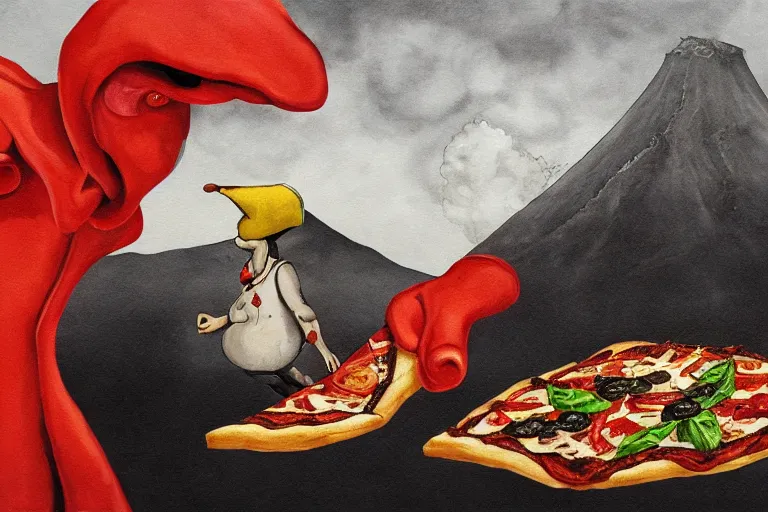 Prompt: a highly detailed pizza! with pulcinella!!! from naples, volcano in the background, black sky, smoke, fire lava, full body, wide angle, an ultrafine detailed painting by rivorio mok, trending on deviantart, whimsical, lowbrow, perfect symmetrical face, sharp focus, octane, masterpiece