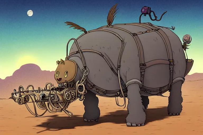 Prompt: a cell shaded cartoon of a lovecraftian mechanized burro from howl's moving castle ( 2 0 0 4 ), on a desert road, in front of a full moon, full body, wide shot, very muted colors, post grunge, studio ghibli, laurie greasley, highly detailed, deviantart, art by artgem