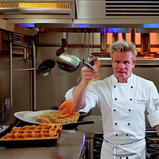 Prompt: Gordon Ramsey cooking a unicorn in a intricate wafflehouse kitchen 4k