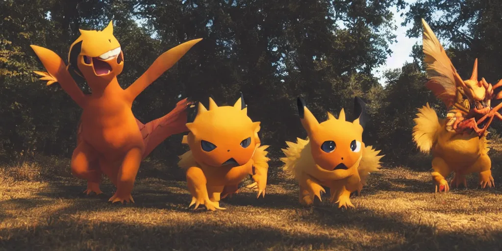 Image similar to photo of real life pokemons, creepy!!!, scaly!!!, gritty!!!, menacing!!!, evil, ultra realistic, gritty, golden hour, volumetric lighting, sharp focus