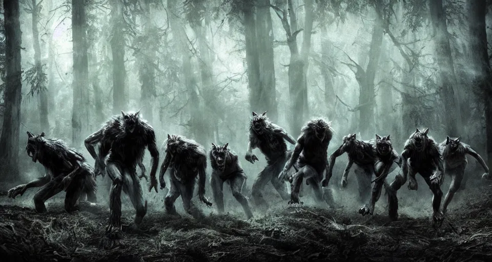Image similar to an epic action photorealistic masterpiece of a pack of werewolves, in a forest made of nightmares, horrific digital art, extremely moody lighting, style of chippy