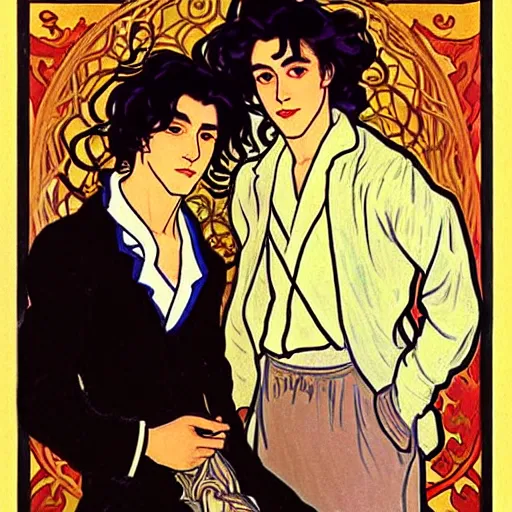 Image similar to painting of young cute handsome beautiful dark medium wavy hair man in his 2 0 s named shadow taehyung and cute handsome beautiful min - jun together at the halloween! party, bubbling cauldron!, candles!, smoke, autumn! colors, elegant, wearing suits!, delicate facial features, art by alphonse mucha, vincent van gogh, egon schiele