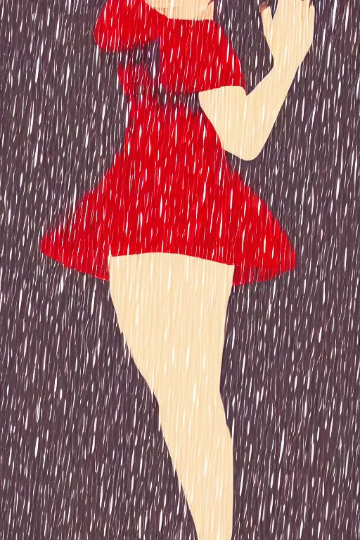 Prompt: a girl in a red dress crying in the middle of a city while its raining, digital art