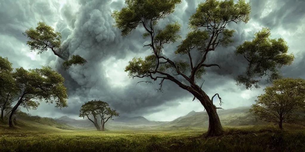 Image similar to A tornado in a beautiful scenic landscape, nature, trees, wide angle, super highly detailed, professional digital painting, artstation, concept art, smooth, sharp focus, no blur, no dof, extreme illustration, Unreal Engine 5, Photorealism, HD quality, 8k resolution, cinema 4d, 3D, beautiful, cinematic, art by artgerm and greg rutkowski and alphonse mucha and loish and WLOP