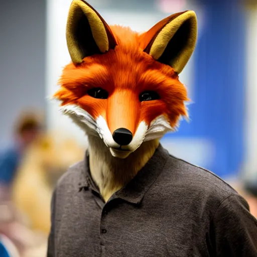 Prompt: portrait of a realistic fox fursuiter at a furry convention, indoors, realisitc photo