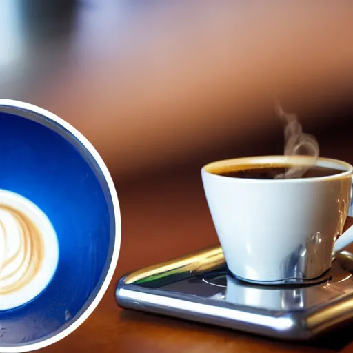 Prompt: chrome ball hitting a white cup of coffee cup over a pinball table