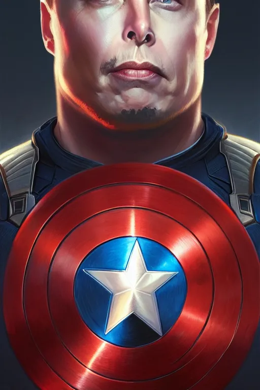 Image similar to elon musk as captain america, portrait, highly detailed, digital painting, artstation, concept art, smooth, sharp focus, illustration, cinematic lighting, art by artgerm and greg rutkowski and alphonse mucha