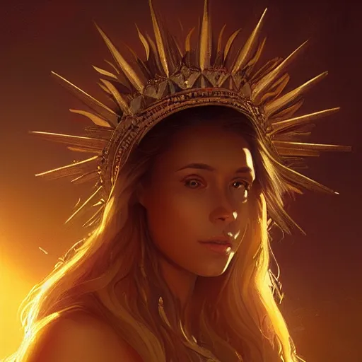 Image similar to a beautiful portrait of a sun goddess with a golden crown, sunlight beams, god rays, volumetric lighting, detailed, greg rutkowski, 8 k