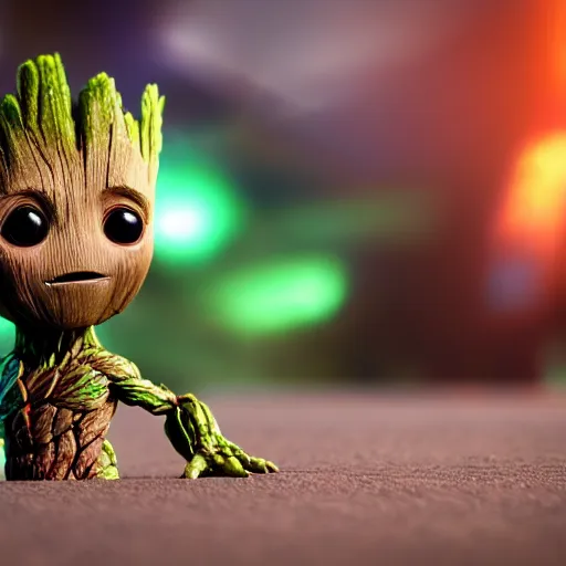 Image similar to baby groot getting bigger, meaner and transforming into hulk, dc universe, bokeh, high quality dof