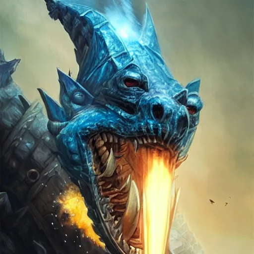 Image similar to blue scaled dragonborn paladin lightning spewing from his mouth on a pirate ship d & d, fantasy, highly detailed, headshot, digital painting, trending on artstation, concept art, sharp focus, illustration, art by artgerm and greg rutkowski and magali villeneuve