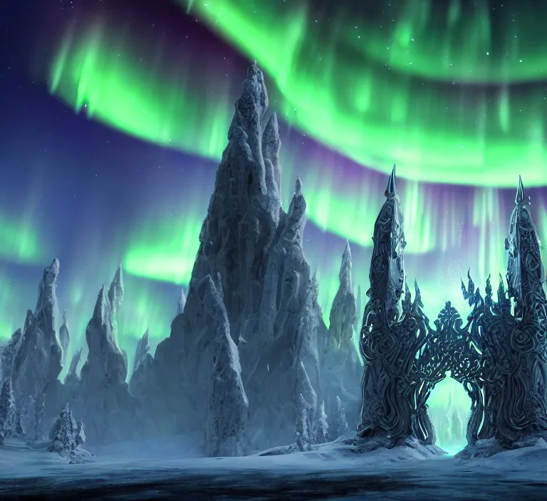 Prompt: a very detailed concept art of intricate and elven white gates to aurora borealis infused with magic, dynamic lighting trending on artstation, symmetry, digital art, 4 k, hyper realistic, octane render, sharp focus