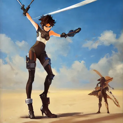 Image similar to greg manchess painting of tracer from overwatch as 2 b nier automata on the beach holding a sword, organic painting, sunny day, matte painting, bold shapes, hard edges, street art, trending on artstation, by huang guangjian and gil elvgren and sachin teng