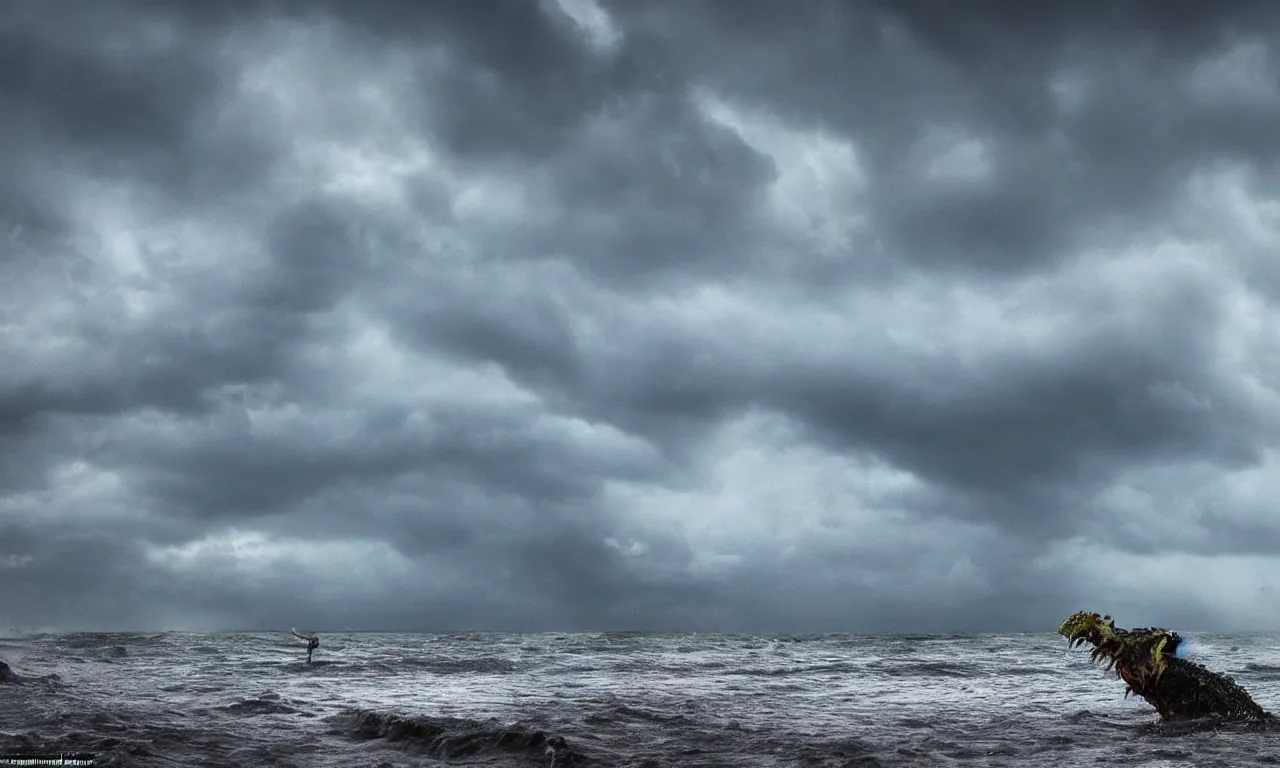 Image similar to a gigantic monster that looks like a mixture of monkfish with crocodile limbs, wet and slimy with a very large mouth, is coming out of the sea dragging its enormous weight with effort on a beach, there are people fleeing in terror, photo-realistic, stormy sky, photo by national geographical