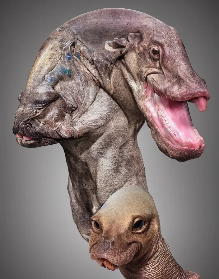 Image similar to portrait of muscular animal human merged head dolphin skin, solid background, scales skin dog, merged monkey head, hippo face morphed, gills, horse head animal merge, morphing dog head, animal eyes, merging crocodile head, anthropomorphic creature