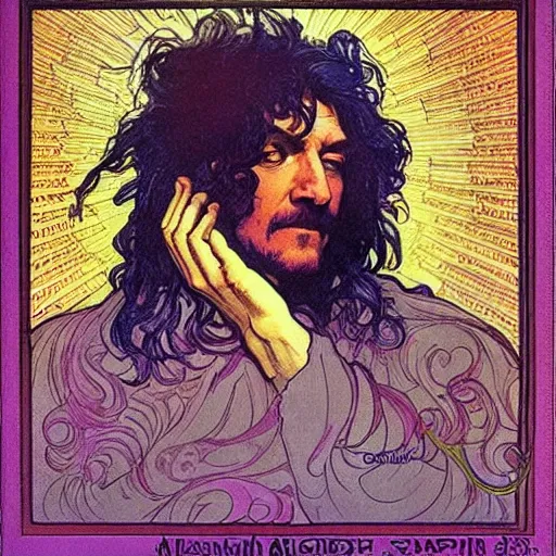 Image similar to “colorfull artwork by Franklin Booth and Alphonse Mucha and Moebius showing a portrait of Robert Plant”
