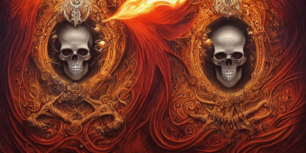 Image similar to A beautiful detailed orixa, tarot card, by tomasz alen kopera and Justin Gerard, symmetrical features, ominous, magical realism, texture, intricate, ornate, royally decorated, skull, skeleton, whirling smoke, embers, red adornements, red torn fabric, radiant colors, fantasy, trending on artstation, volumetric lighting, micro details, 3d sculpture, ray tracing, 8k, anaglyph effect