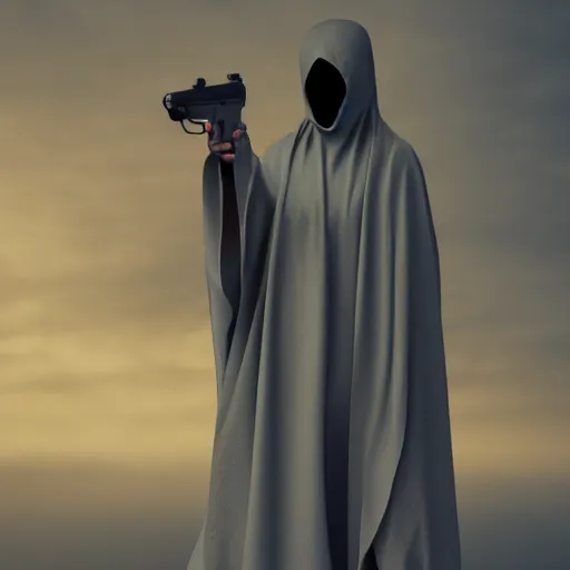 Prompt: a figure shrouded in a cloak, one hand comes out holding a handgun, 4 k, photorealistic