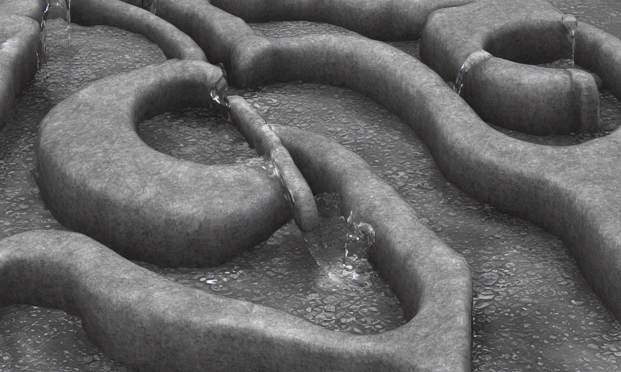 Image similar to a stream of water entering a machine made from organ shaped amphoras and producing a coin in the style of an instruction manual, 3d render, octane, 8k,