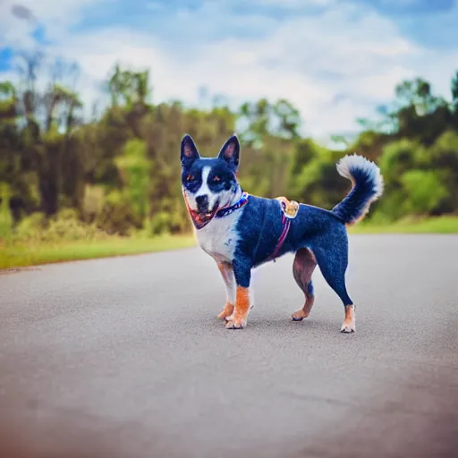 Image similar to blue heeler dog on a motorcycle, 8 k photography, blurred background of a wafflehouse