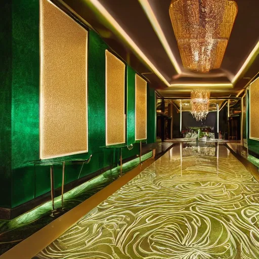 Prompt: a lavish hotel lobby with emerald colored walls with golden accents on them and red carpet