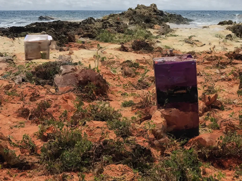 Image similar to purple refrigerator, red sand beach, green ocean, nebula sunset