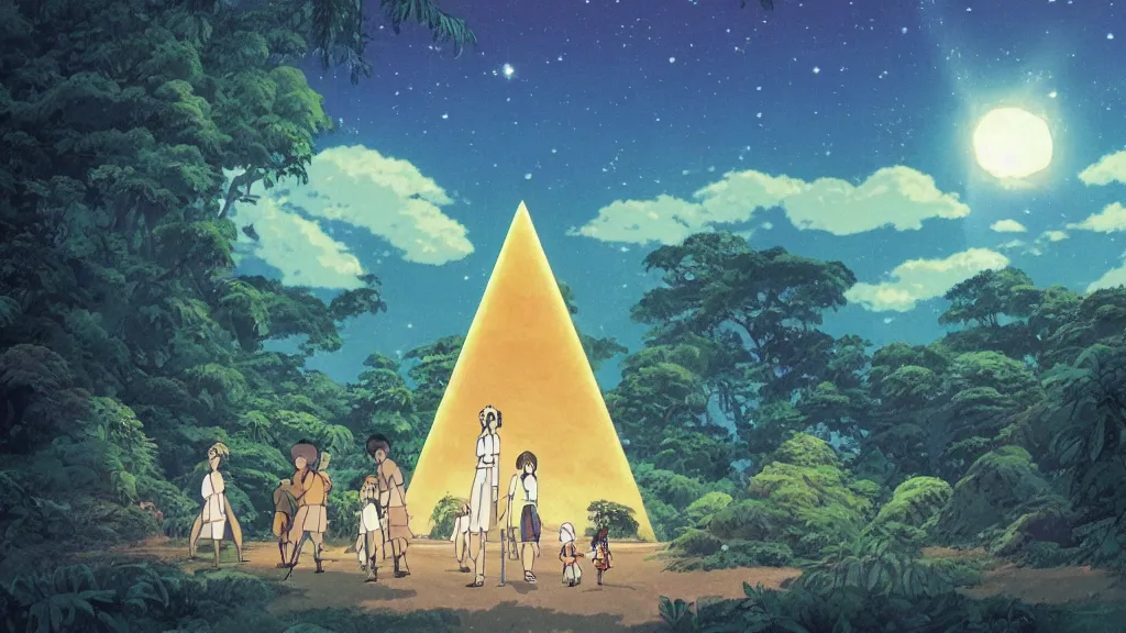 Image similar to a movie still from a studio ghibli film showing a glowing pyramid in the rainforest. a group of heroes train martial arts on a misty starry night. by studio ghibli