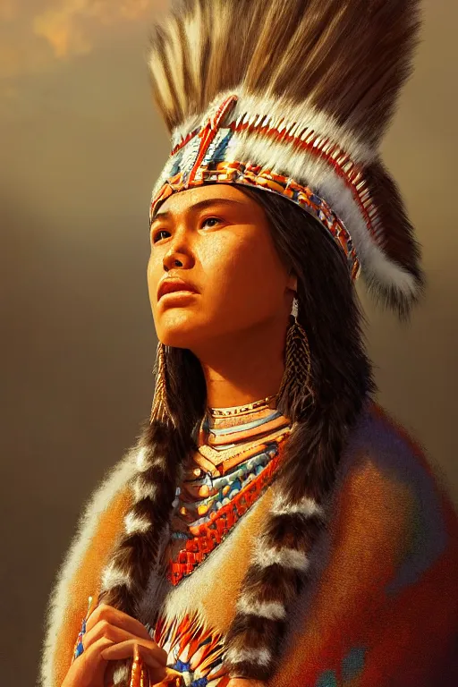 Image similar to beautiful young Navajo woman in a Navaho outfit, close-up portrait, intricate, high resolution, cinematic lighting, scenery, digital painting, highly detailed, artstation, sharp focus, illustration, concept art, ruan jia, steve mccurry and Irakli Nadar