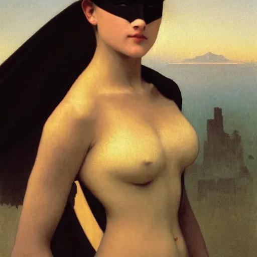 Image similar to Painting of Batman. Art by William Adolphe Bouguereau. During golden hour. Extremely detailed. Beautiful. 4K. Award-winning.