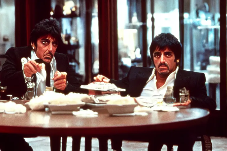 Image similar to tony montana from movie scarface 1 9 8 3 sitting at a big black oak table with big packages of flour. next to the night window. al pacino. perfect symmetric face, coherent eyes,, fine details, 4 k, ron cobb, cinestill