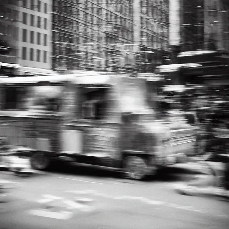 Prompt: analog medium format film motion blur food truck in new york, 1 9 6 0 s hasselblad film street photography, featured on unsplash, photographed on vintage expired colour film