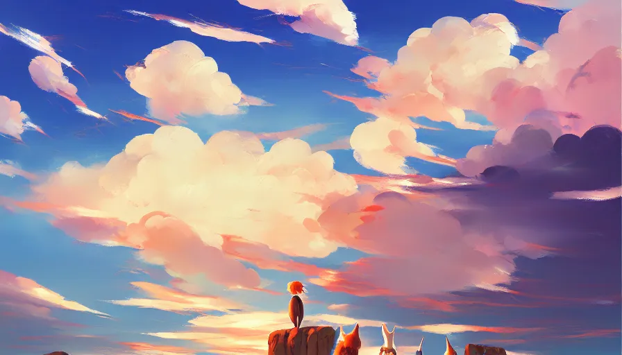 Image similar to contemporary semi abstract acrylic painting of really tall sitting cats by makoto shinkai, thick brush strokes and visible paint layers, glistening clouds in background