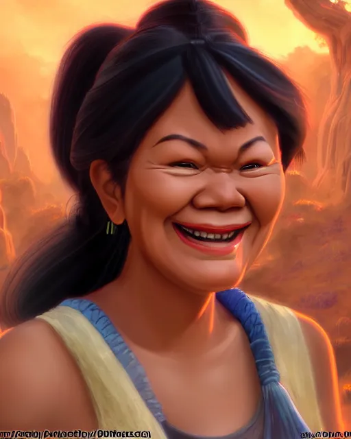 Prompt: smiling happy heavy filipina woman character portrait, by don bluth, sci - fi environment, highly detailed, dynamic shadows, 4 k, wallpaper - 1 0 2 4