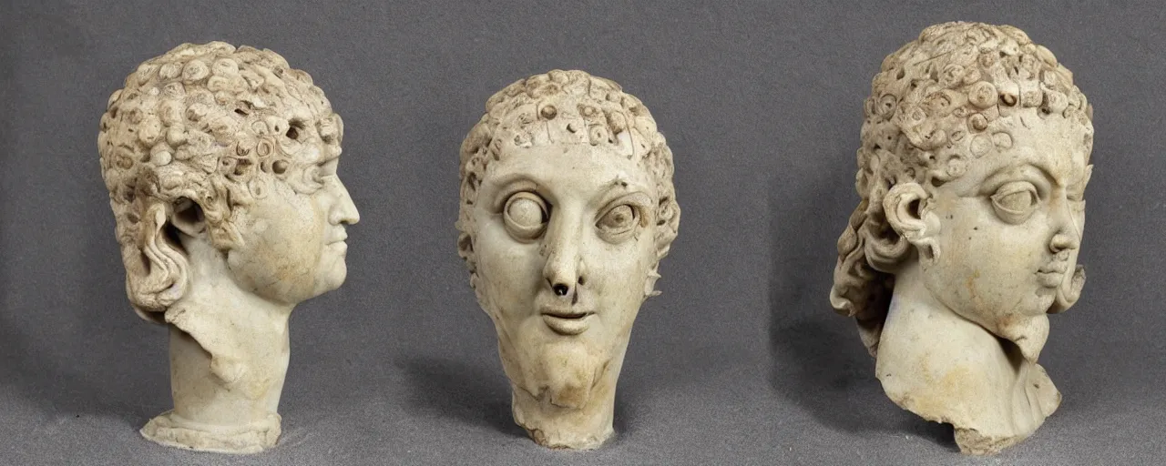 Image similar to ancient roman marble bust of an alien with 6 eyes and antennae
