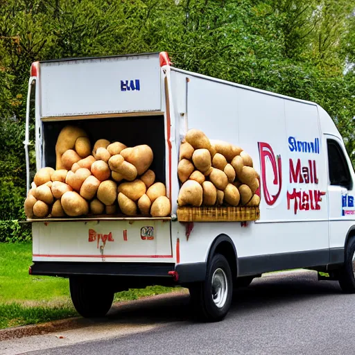 Prompt: mail man driving a mail van filled with potatoes in pittsburgh real life, 8 k, 4 k uhd, realistic, hyper realistic, super detailed, very detailed, detailed