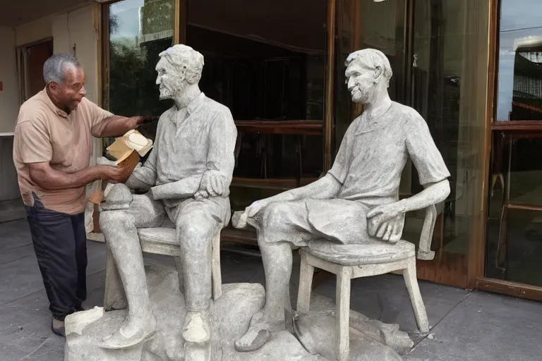 Image similar to a man who is sitting upright in a chair is touching a completed statue