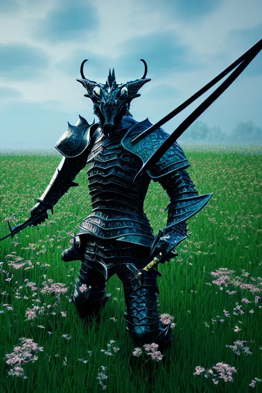 Image similar to high quality 3 d neo - gothic armored human dragon hybrid holding sword in a field of flowers, highly detailed unreal engine, vitaly bulgarov dramatic dark teal light, ground angle uhd 8 k, sharp focus